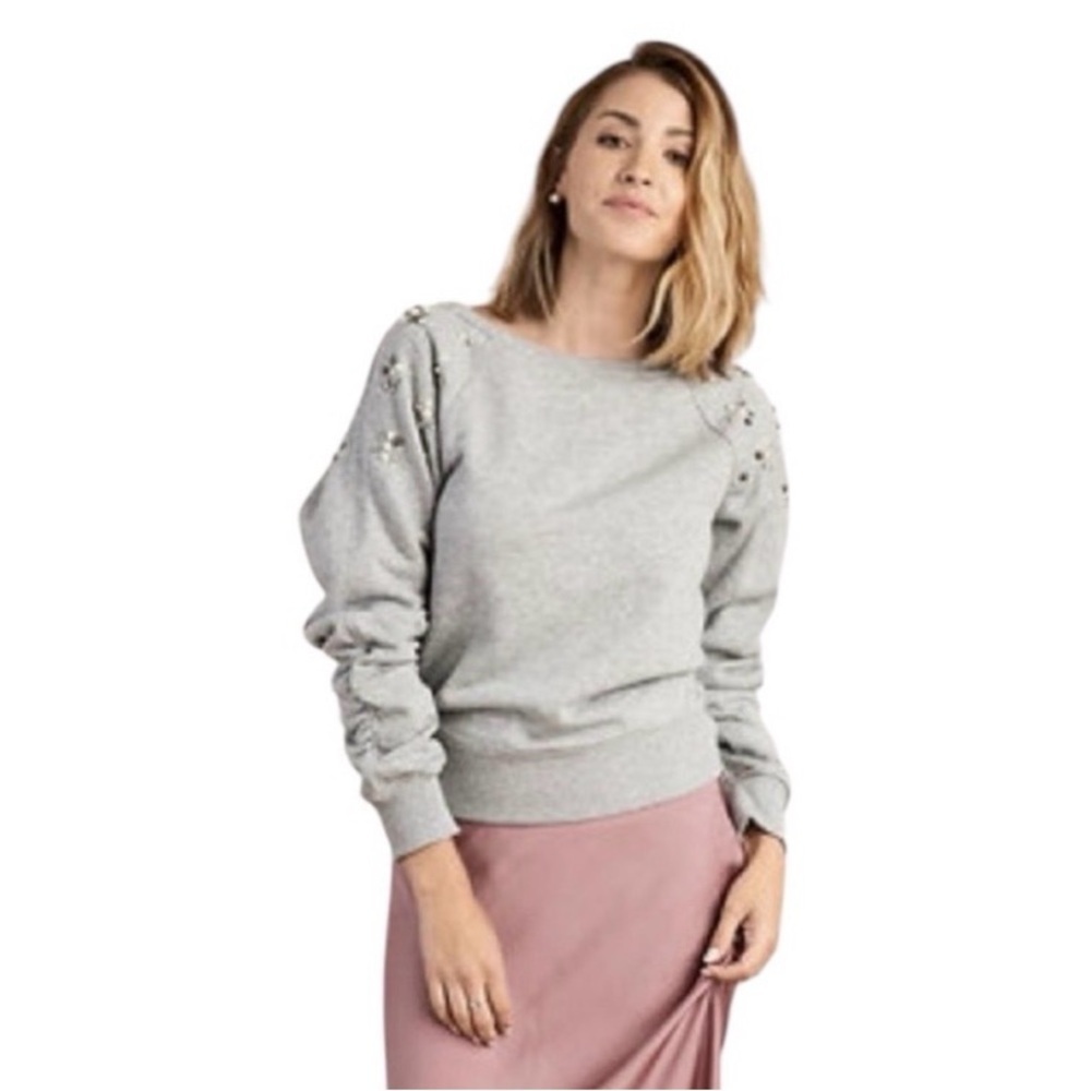 Stella & Dot Gray Sweater W Embellishments French Terry Cloth Ruched Sleeves XL
